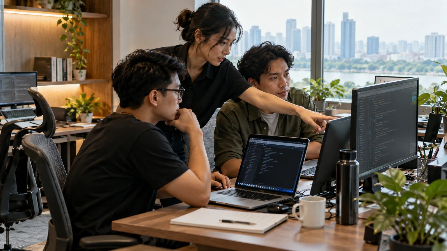 Các thành viên GREEN TECH cùng làm việc nhóm trong một dự án phần mềm